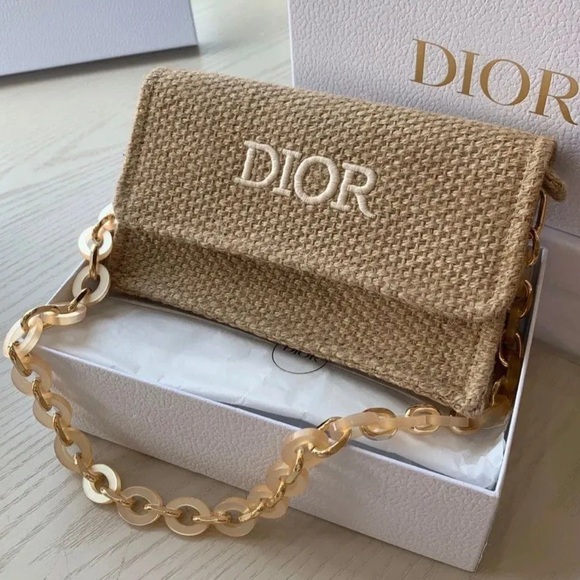 Dior Handbags - Dior Beige Woven Shoulder Bag with Acrylic Chain
